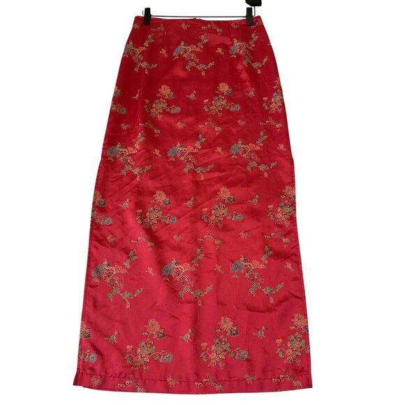 Sunfire Vintage Y2K Satin Midi Skirt Red Asian Brocade Floral Size M Romantic - Picture 1 of 14
